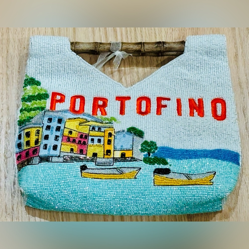 NWT Portofino Beaded Handbag with Scenic Waterfront Design